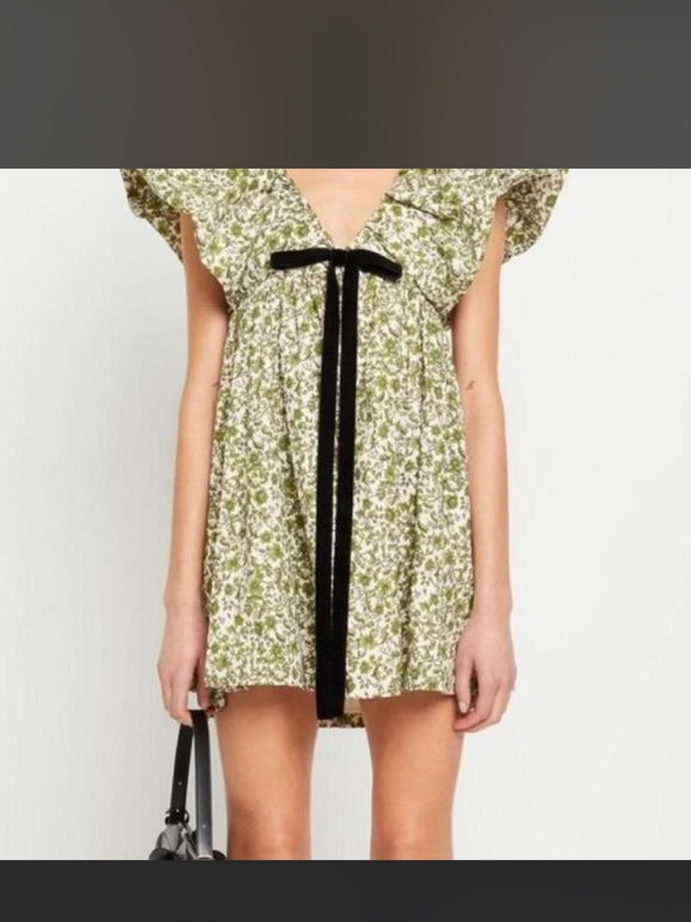 Green Floral Mini Dress with Black Ribbon Tie